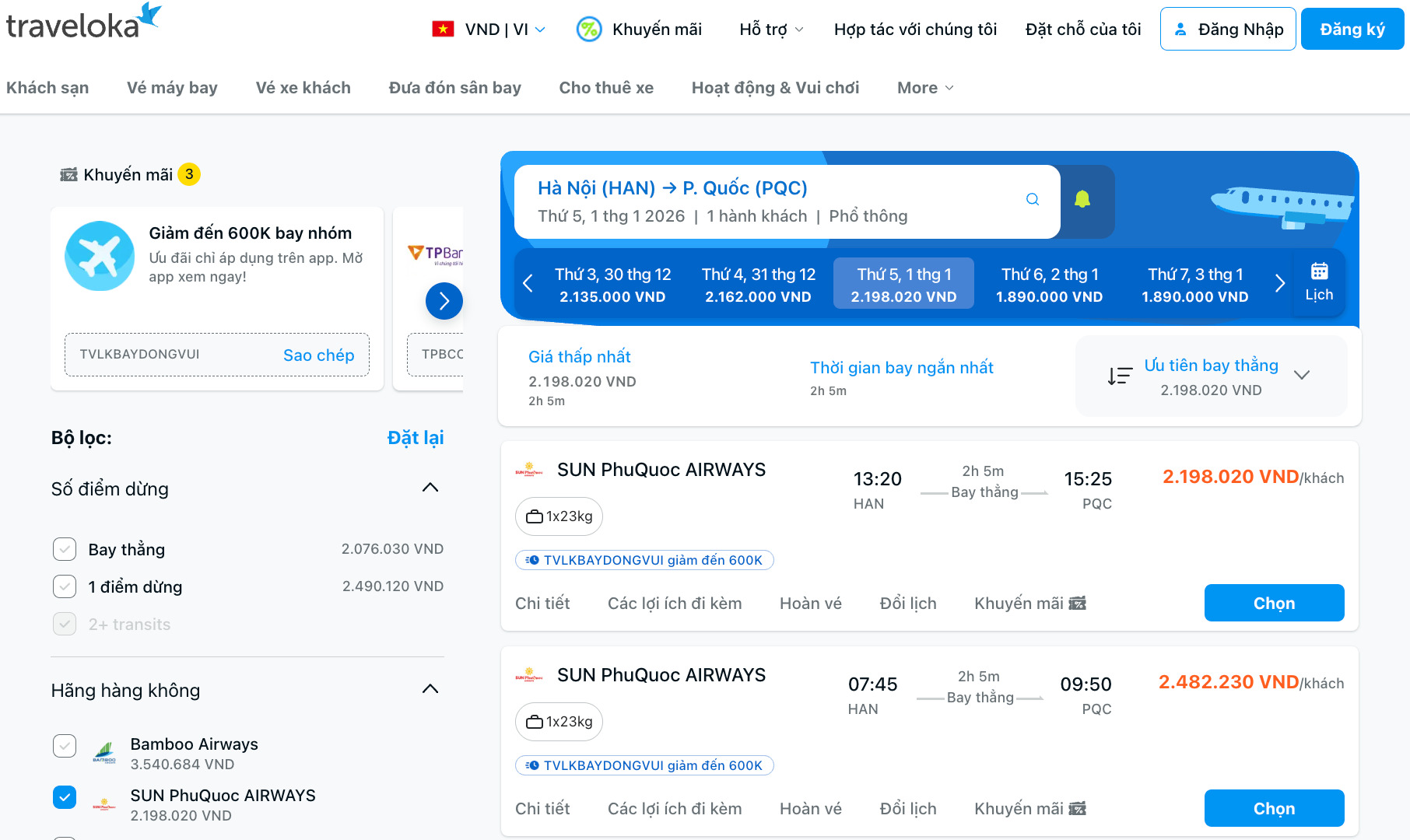 Chặng bay Hà Nội - Phú Quốc trên Traveloka