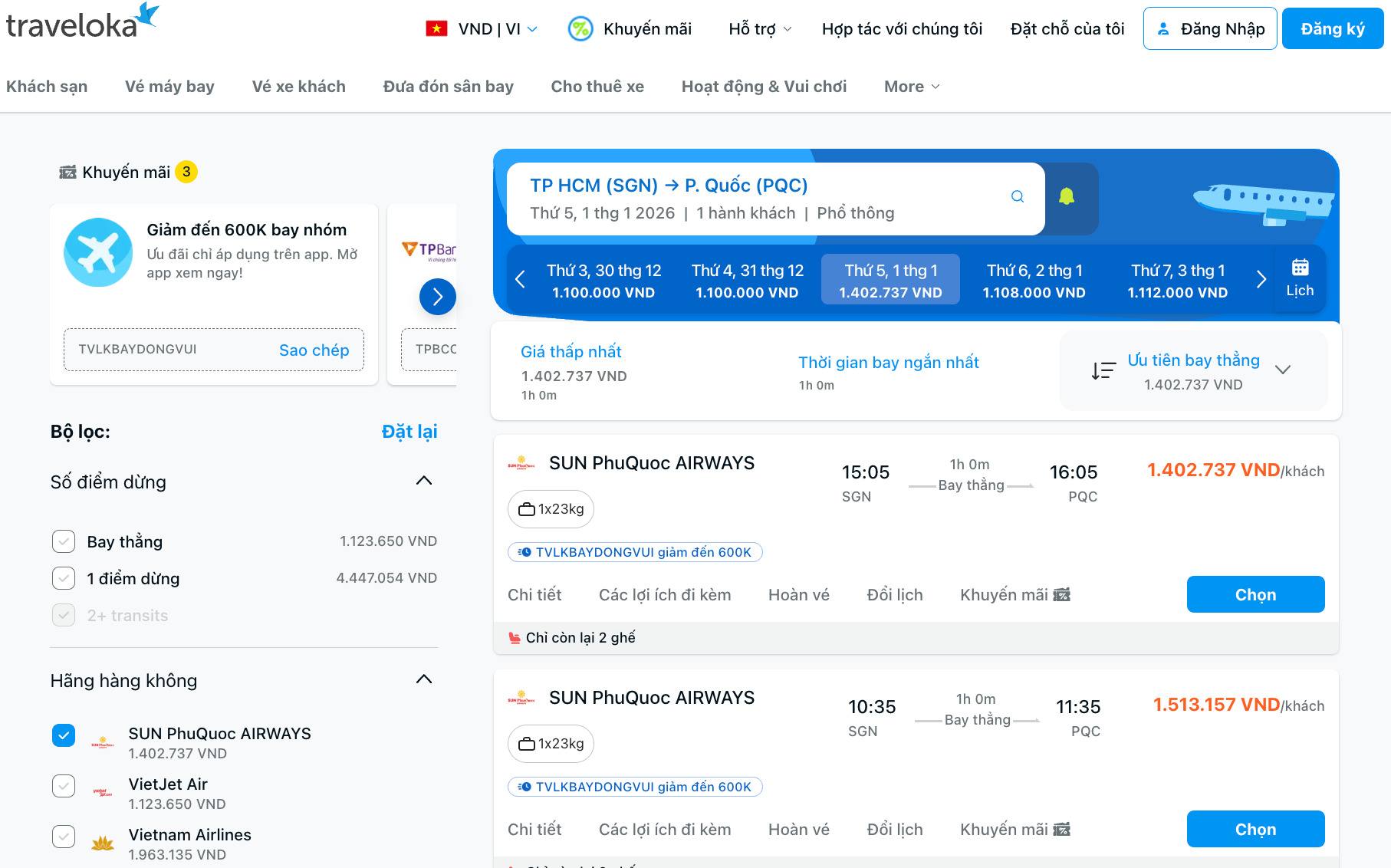 Chặng bay TP Hồ Chí Minh - Phú Quốc trên Traveloka